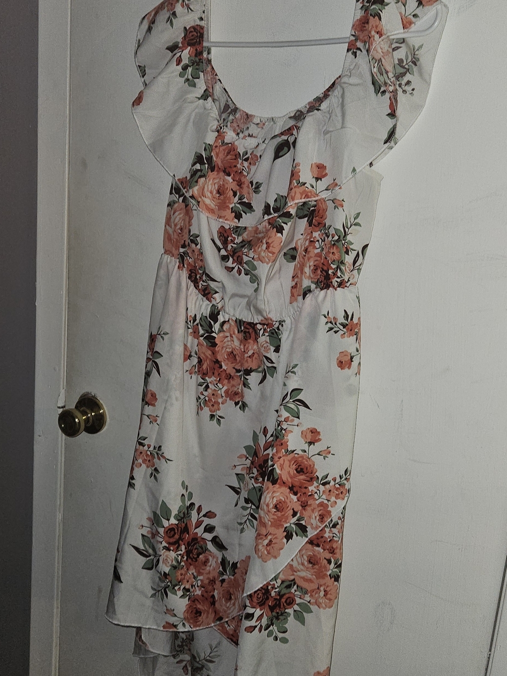 Floral Ruffle Summer Dress - White with Coral Rose Print